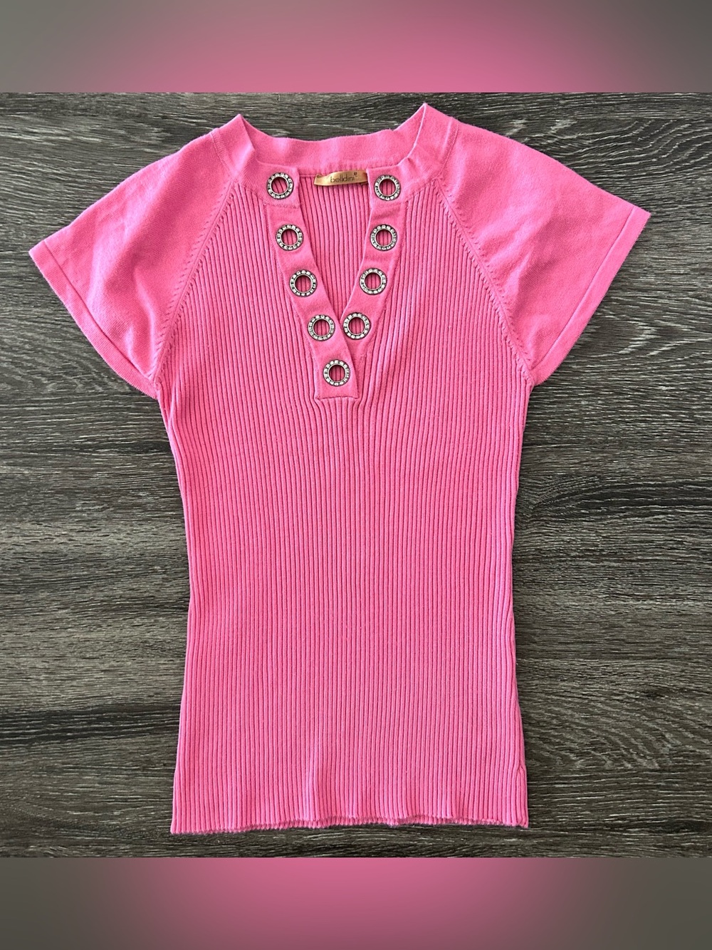 Vintage Belldini Pink Ribbed Rhinestone Short Sleeve Top Size L Sweater Y2K Glam
